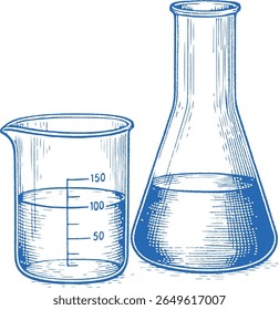 A detailed hand-drawn illustration of lab glassware. Ideal for cosmetic RnD, skincare formulation, quality testing, and vintage science-themed design.