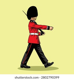 Detailed hand-drawn illustration of a marching British royal guard in a traditional red tunic and bearskin hat on a yellow background