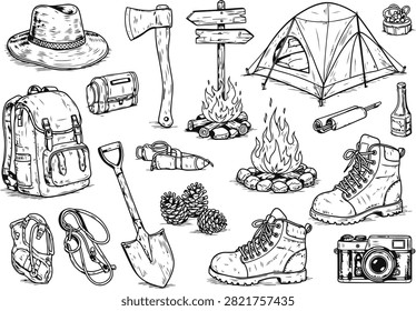 A detailed hand-drawn illustration showcasing various items for camping and outdoor exploration, including a tent, backpack, and tools.