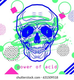 Detailed hand-drawn illustration of skull in memphis style. Art can be used for cover, print, tattoo, concert posters, T-shirt graphics for textile.
