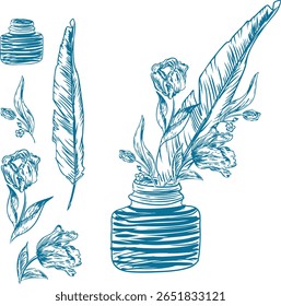 Uma ilustração desenhada à mão detalhada de um tinteiro vintage com uma pena e flores florescendo, criado em um estilo de arte de linha monocromática elegante. Perfeito para artigos de papelaria, capas de livros, poesia temática d