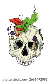 Detailed hand-drawn ink artwork featuring a decaying head sprouting mushrooms with swirling smoke. A perfect blend of dark fantasy, gothic vibes, and surreal psychedelic elements.