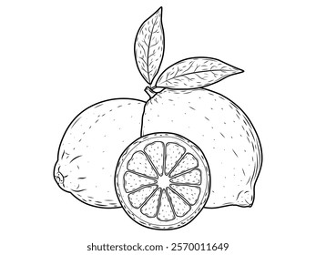 Detailed Hand-Drawn Lemon Sketch Vector: Whole Citrus Fruits with Leaves and Sliced Wedges Isolated on White Background – Perfect for Vegan Cuisine and Nature-Inspired Design Projects.