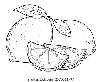 Detailed Hand-Drawn Lemon Sketch Vector: Whole Citrus Fruits with Leaves and Sliced Wedges Isolated on White Background – Perfect for Vegan Cuisine and Nature-Inspired Design Projects.