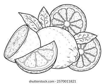 Detailed Hand-Drawn Lemon Sketch Vector: Whole Citrus Fruits with Leaves and Sliced Wedges Isolated on White Background – Perfect for Vegan Cuisine and Nature-Inspired Design Projects.