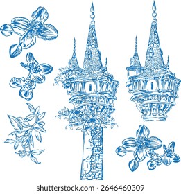 A detailed hand-drawn line art illustration set featuring a whimsical fantasy tower and various botanical floral elements. Perfect for storybook design, vintage stationery, coloring books, fairy tale 