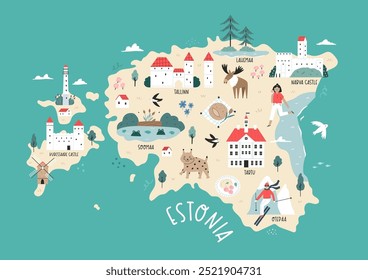 Detailed Hand-Drawn Map of Estonia with Landmarks and Cultural Symbols. Perfect for Travel, Decor, Framing