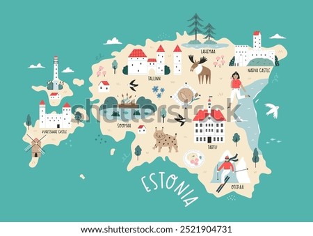 Detailed Hand-Drawn Map of Estonia with Landmarks and Cultural Symbols. Perfect for Travel, Decor, Framing