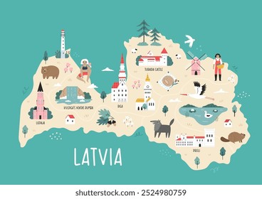 Detailed Hand-Drawn Map of Latvia with Landmarks and Cultural Symbols. Perfect for Travel, Decor, Framing