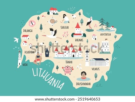 Detailed Hand-Drawn Map of Lithuania with Landmarks and Cultural Symbols. Perfect for Travel, Decor, Framing