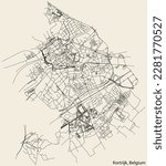 Detailed hand-drawn navigational urban street roads map of the KORTRIJK MUNICIPALITY of the Belgian city of KORTRIJK, Belgium with vivid road lines and name tag on solid background