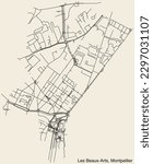 Detailed hand-drawn navigational urban street roads map of the LES BEAUX-ARTS NEIGHBOURHOOD of the French city of MONTPELLIER, France with vivid road lines and name tag on solid background