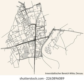 Detailed hand-drawn navigational urban street roads map of the INNERSTÄDTISCHER BEREICH MITTE BOROUGH of the German town of DESSAU, Germany with vivid road lines and name tag on solid background