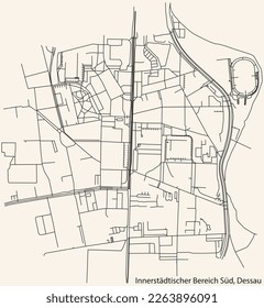 Detailed hand-drawn navigational urban street roads map of the INNERSTÄDTISCHER BEREICH SÜD BOROUGH of the German town of DESSAU, Germany with vivid road lines and name tag on solid background