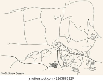 Detailed hand-drawn navigational urban street roads map of the GROSSKÜHNAU BOROUGH of the German town of DESSAU, Germany with vivid road lines and name tag on solid background