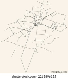 Detailed hand-drawn navigational urban street roads map of the MOSIGKAU BOROUGH of the German town of DESSAU, Germany with vivid road lines and name tag on solid background