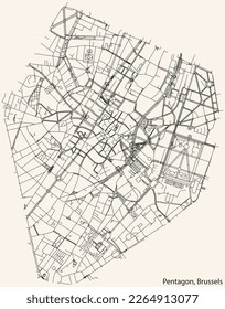 Detailed hand-drawn navigational urban street roads map of the PENTAGON of the Belgian city of BRUSSELS, Belgium with vivid road lines and name tag on solid background