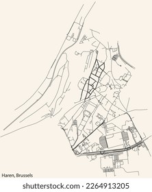 Detailed hand-drawn navigational urban street roads map of the HAREN of the Belgian city of BRUSSELS, Belgium with vivid road lines and name tag on solid background