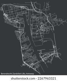 Detailed hand-drawn navigational urban street roads map of the BERENDRECHT-ZANDVLIET-LILLO DISTRICT, ANTWERP Belgium with vivid road lines and name tag on solid background