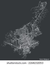 Mapa detallado de carreteras urbanas de navegación a mano de la ciudad belga de GHENT, BÉLGICA con líneas de carreteras sólidas y etiqueta de nombre en fondo vintage