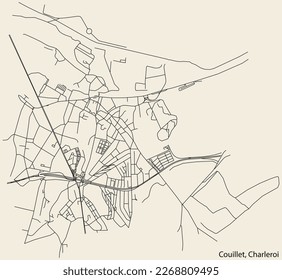 Detailed hand-drawn navigational urban street roads map of the COUILLET MUNICIPALITY of the Belgian city of CHARLEROI, Belgium with vivid road lines and name tag on solid background