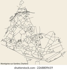 Detailed hand-drawn navigational urban street roads map of the MONTIGNIES-SUR-SAMBRE MUNICIPALITY of the Belgian city of CHARLEROI, Belgium with vivid road lines and name tag on solid background