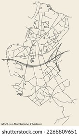 Detailed hand-drawn navigational urban street roads map of the MONT-SUR-MARCHIENNE MUNICIPALITY of the Belgian city of CHARLEROI, Belgium with vivid road lines and name tag on solid background