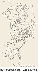 Detailed hand-drawn navigational urban street roads map of the MONCEAU-SUR-SAMBRE MUNICIPALITY of the Belgian city of CHARLEROI, Belgium with vivid road lines and name tag on solid background