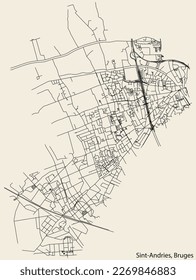 Detailed hand-drawn navigational urban street roads map of the SINT-ANDRIES SUBURB of the Belgian city of BRUGES, Belgium with vivid road lines and name tag on solid background