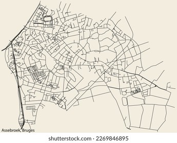 Detailed hand-drawn navigational urban street roads map of the ASSEBROEK SUBURB of the Belgian city of BRUGES, Belgium with vivid road lines and name tag on solid background