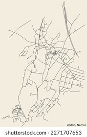 Detailed hand-drawn navigational urban street roads map of the VEDRIN DISTRICT of the Belgian city of NAMUR, Belgium with vivid road lines and name tag on solid background