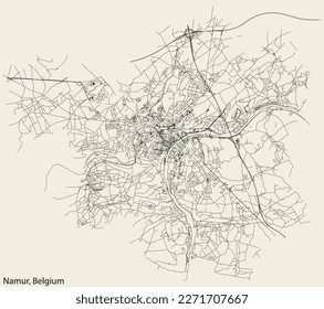 Detailed hand-drawn navigational urban street roads map of the Belgian city of NAMUR, BELGIUM with solid road lines and name tag on vintage background