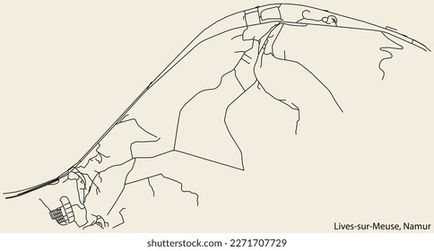 Detailed hand-drawn navigational urban street roads map of the LIVES-SUR-MEUSE DISTRICT of the Belgian city of NAMUR, Belgium with vivid road lines and name tag on solid background