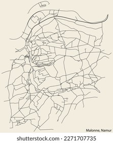 Detailed hand-drawn navigational urban street roads map of the MALONNE DISTRICT of the Belgian city of NAMUR, Belgium with vivid road lines and name tag on solid background