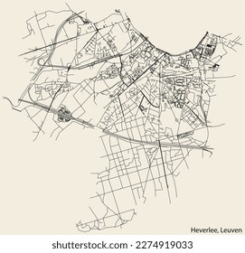 Detailed hand-drawn navigational urban street roads map of the HEVERLEE BOROUGH of the Belgian city of LEUVEN, Belgium with vivid road lines and name tag on solid background