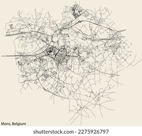 Detailed hand-drawn navigational urban street roads map of the Belgian city of MONS, BELGIUM with solid road lines and name tag on vintage background