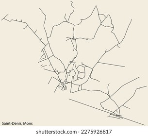 Detailed hand-drawn navigational urban street roads map of the SAINT-DENIS DISTRICT of the Belgian city of MONS, Belgium with vivid road lines and name tag on solid background