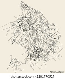 Detailed hand-drawn navigational urban street roads map of the KORTRIJK MUNICIPALITY of the Belgian city of KORTRIJK, Belgium with vivid road lines and name tag on solid background