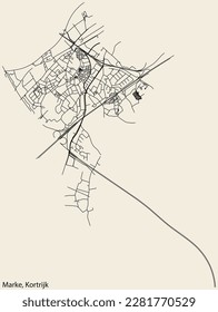 Detailed hand-drawn navigational urban street roads map of the MARKE MUNICIPALITY of the Belgian city of KORTRIJK, Belgium with vivid road lines and name tag on solid background