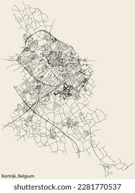 Detailed hand-drawn navigational urban street roads map of the Belgian city of KORTRIJK, BELGIUM with solid road lines and name tag on vintage background