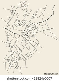 Detailed hand-drawn navigational urban street roads map of the STEVOORT MUNICIPALITY of the Belgian city of HASSELT, Belgium with vivid road lines and name tag on solid background