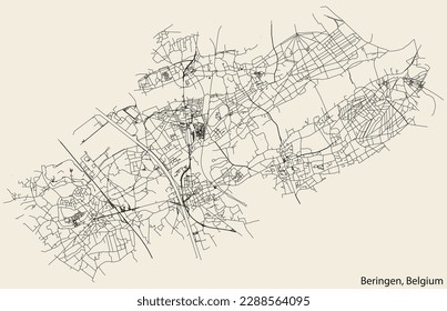 Detailed hand-drawn navigational urban street roads map of the Belgian city of BERINGEN, BELGIUM with solid road lines and name tag on vintage background