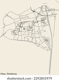 Detailed hand-drawn navigational urban street roads map of the ELSAU DISTRICT of the French city of STRASBOURG, France with vivid road lines and name tag on solid background