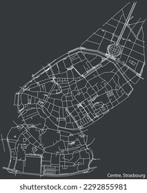 Detailed hand-drawn navigational urban street roads map of the CENTRE VILLE DISTRICT of the French city of STRASBOURG, France with vivid road lines and name tag on solid background
