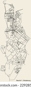 Detailed hand-drawn navigational urban street roads map of the NEUHOF 1 DISTRICT of the French city of STRASBOURG, France with vivid road lines and name tag on solid background