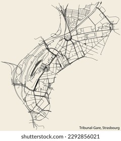 Detailed hand-drawn navigational urban street roads map of the TRIBUNAL-GARE DISTRICT of the French city of STRASBOURG, France with vivid road lines and name tag on solid background