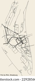 Mapa detallado de las carreteras urbanas de navegación a mano en el DISTRITO PUERTO DU RHIN de la ciudad francesa de STRASBOURG, Francia con líneas vivas de carreteras y nombre en fondo sólido