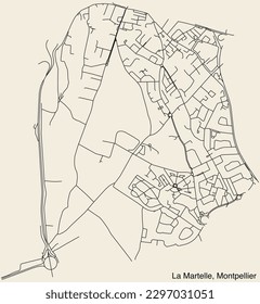 Detailed hand-drawn navigational urban street roads map of the LA MARTELLE NEIGHBOURHOOD of the French city of MONTPELLIER, France with vivid road lines and name tag on solid background