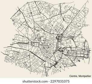 Detailed hand-drawn navigational urban street roads map of the CENTRE QUARTER of the French city of MONTPELLIER, France with vivid road lines and name tag on solid background