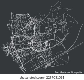 Detailed hand-drawn navigational urban street roads map of the PORT MARIANNE QUARTER of the French city of MONTPELLIER, France with vivid road lines and name tag on solid background